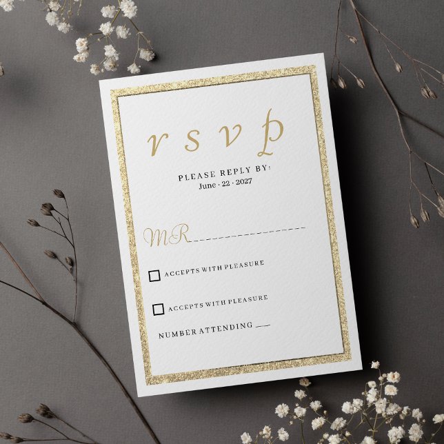 Invitación Purpurina de oro elegante y blanco de lujo RSVP (Luxury white elegant gold glitter RSVP)