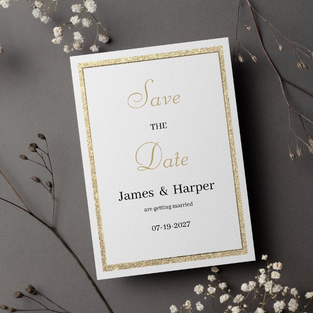 Invitación Purpurina de oro elegante y blanco de lujo Save th (Luxury white elegant gold glitter Save the Date)