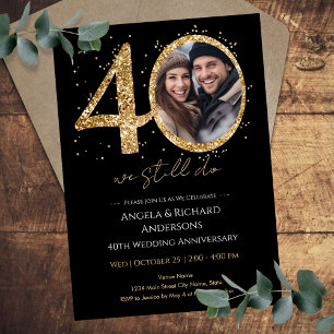 Invitación purpurina de oro en 40° aniversario de Boda