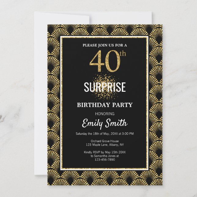 Invitación Purpurina de oro en Black Surprise 40 cumpleaños (Anverso)