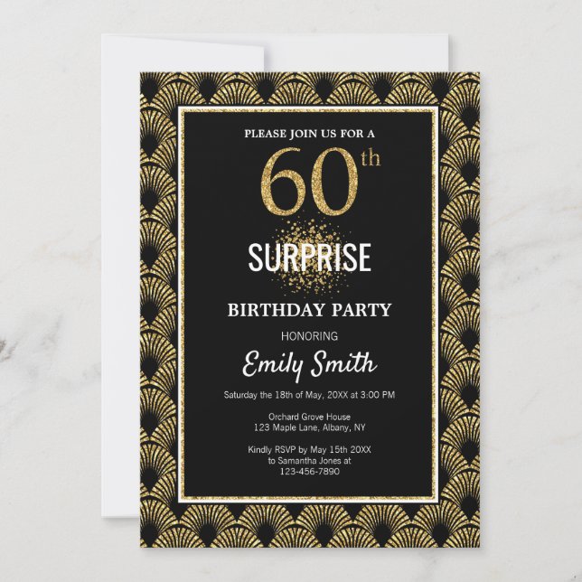 Invitación Purpurina de oro en Black Surprise cumpleaños núme (Anverso)
