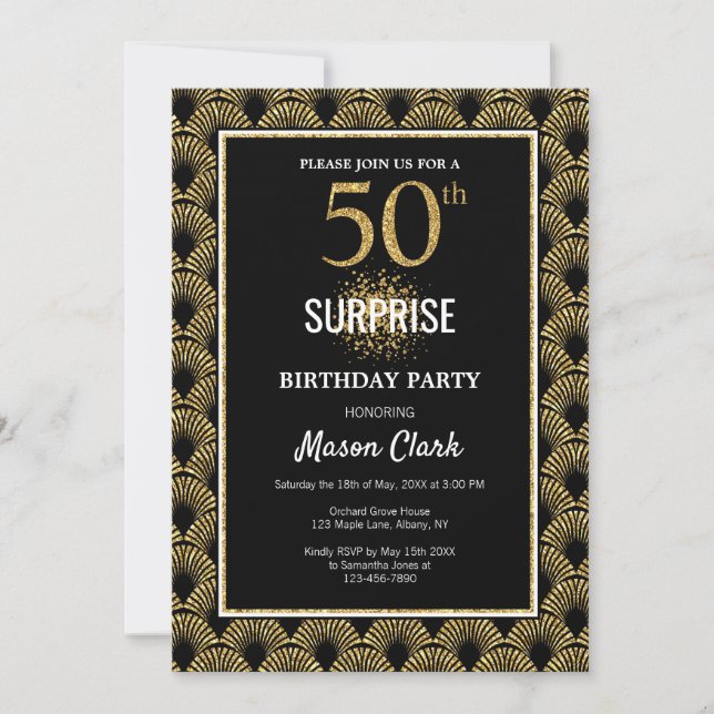 Invitación Purpurina de oro en la sorpresa negra 50 cumpleaño (Anverso)