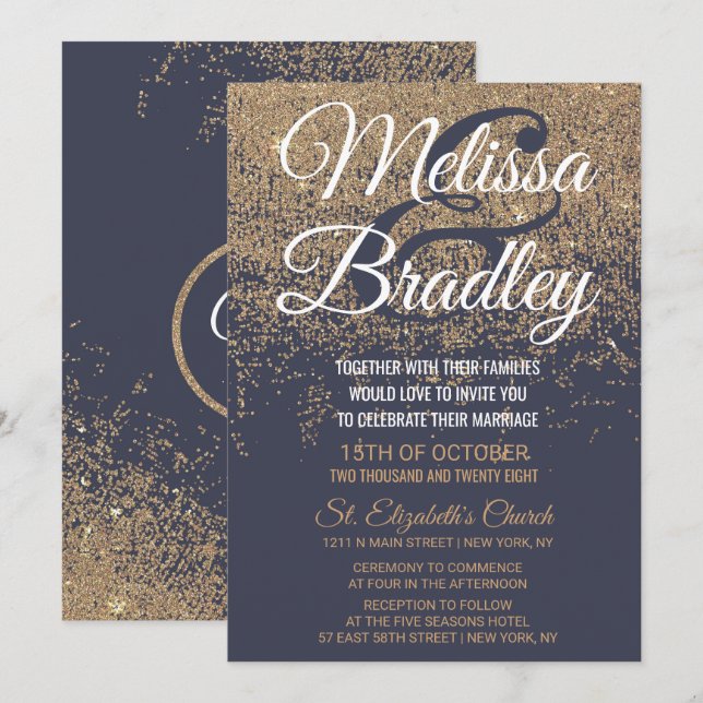 Invitación Purpurina de oro esparce Boda azul de la Marina (Anverso / Reverso)