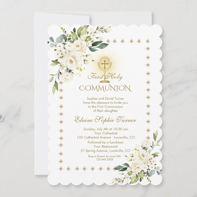Invitación Purpurina de oro esparce comunión blanca floral (Anverso)