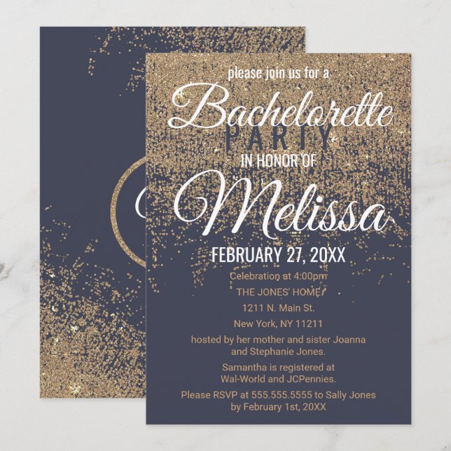 Invitación Purpurina de oro esparce solapa azul de la marina (Anverso / Reverso)