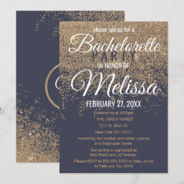 Invitación Purpurina de oro esparce solapa azul de la marina