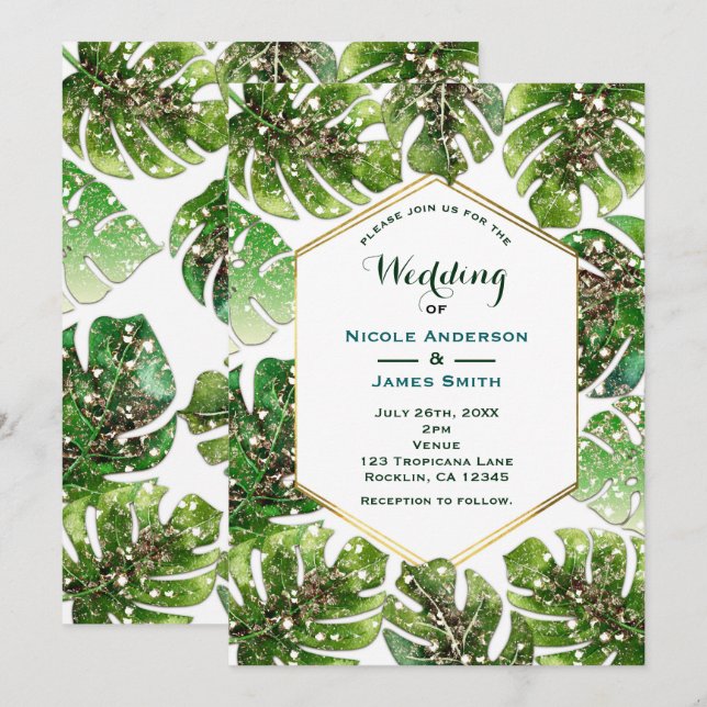 Invitación Purpurina de oro Esparkle Glam Boda de hojas tropi (Anverso / Reverso)