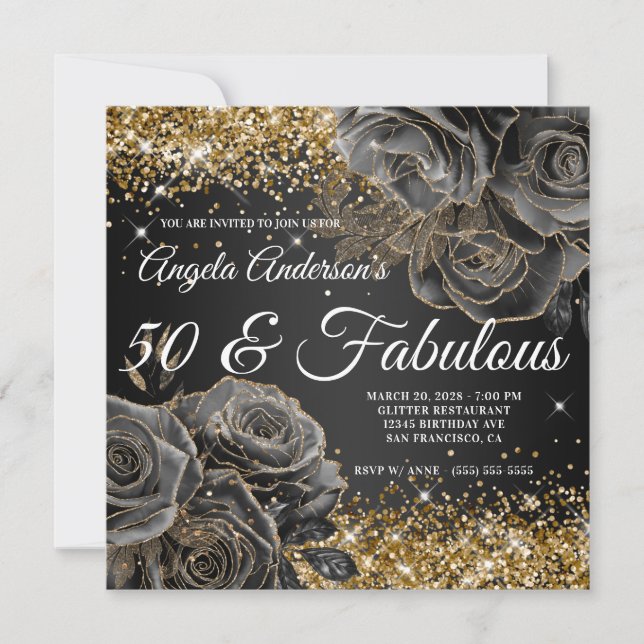 Invitación Purpurina de oro espumoso Rosa negro Glam 50 y fab (Anverso)