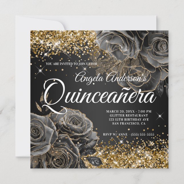 Invitación Purpurina de oro espumoso Rosa negro Glam Quinceañ (Anverso)