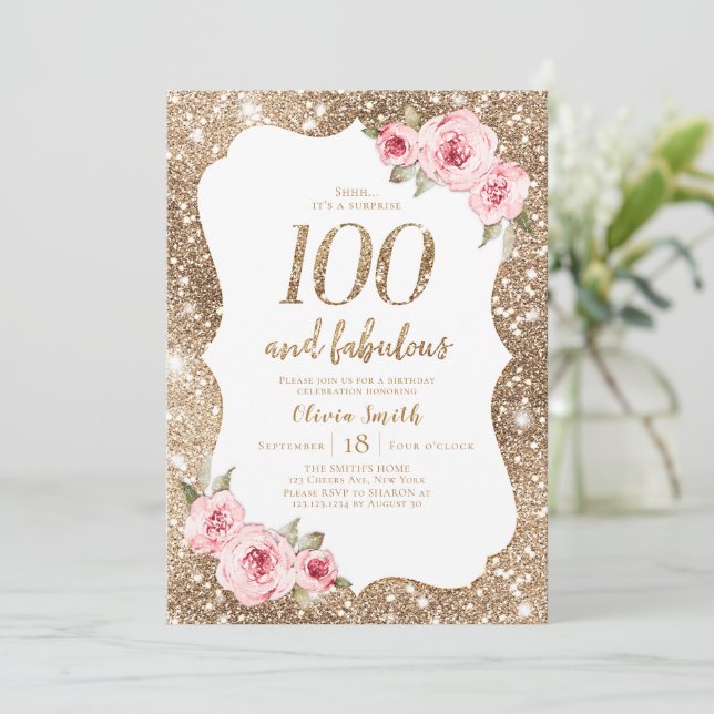 Invitación Purpurina de oro espumoso y floral rosa 100 cumple (Anverso de pie)