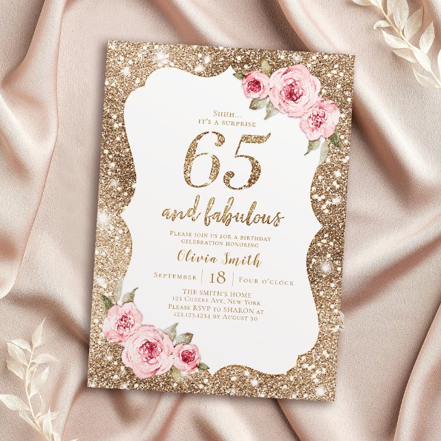 Invitación Purpurina de oro espumoso y floral rosa 65 años (Sparkle gold glitter and pink floral 65th birthday invitation)