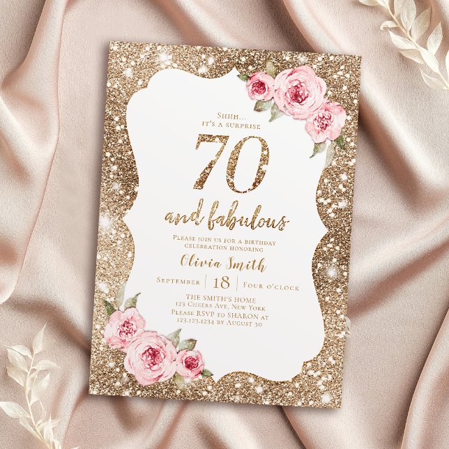 Invitación Purpurina de oro espumoso y floral rosa 70 cumplea (Sparkle gold glitter and pink floral 70th birthday invitation)
