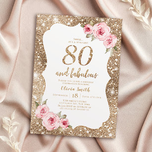 Invitación Purpurina de oro espumoso y floral rosa 80 cumplea