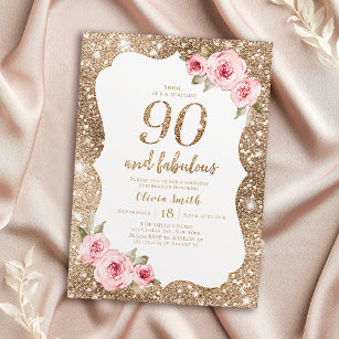 Invitación Purpurina de oro espumoso y floral rosa 90 cumplea