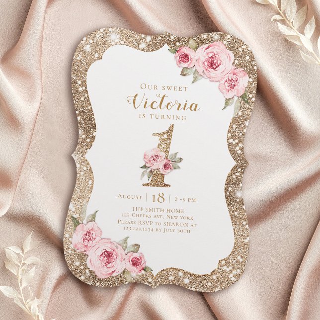 Invitación Purpurina de oro espumoso y floral rosa primer cum (Sparkle gold glitter and pink floral 1st birthday invitation)