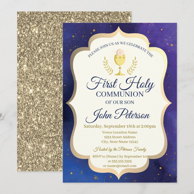 Invitación Purpurina de oro, estrellas, cáliz primera comunió (Anverso / Reverso)