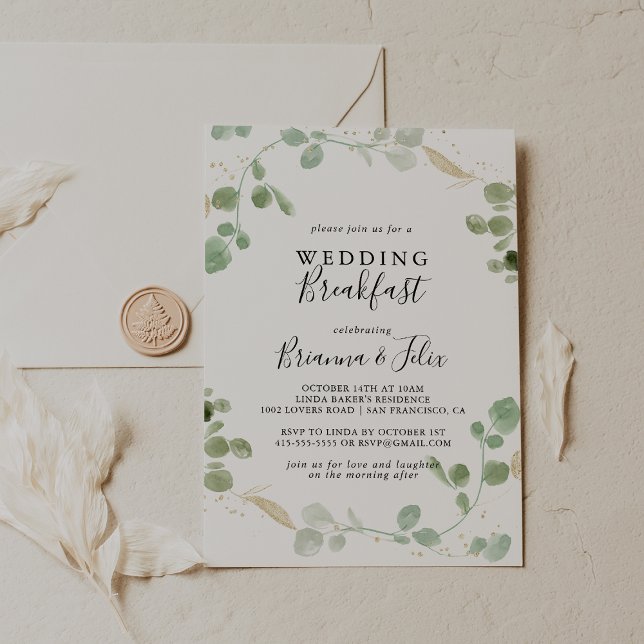 Invitación Purpurina de oro Eucalyptus Foliage Boda Desayuno (Subido por el creador)