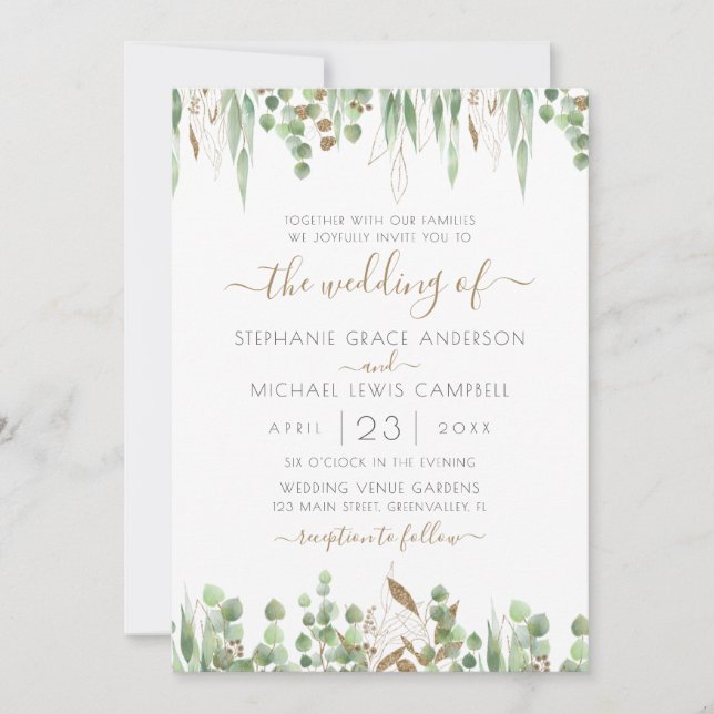 Invitación Purpurina de oro Eucalyptus Greenery Boda (Anverso)