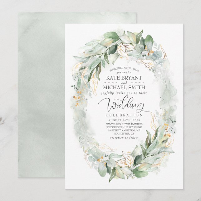 Invitación Purpurina de oro Eucalyptus Greenery Wreath Boda (Anverso / Reverso)
