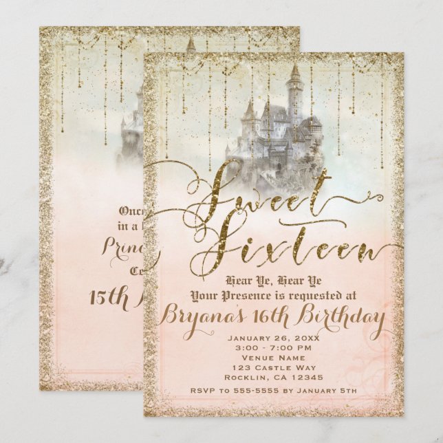 Invitación Purpurina de oro Fairytale Storybook Castle Sweet  (Anverso / Reverso)