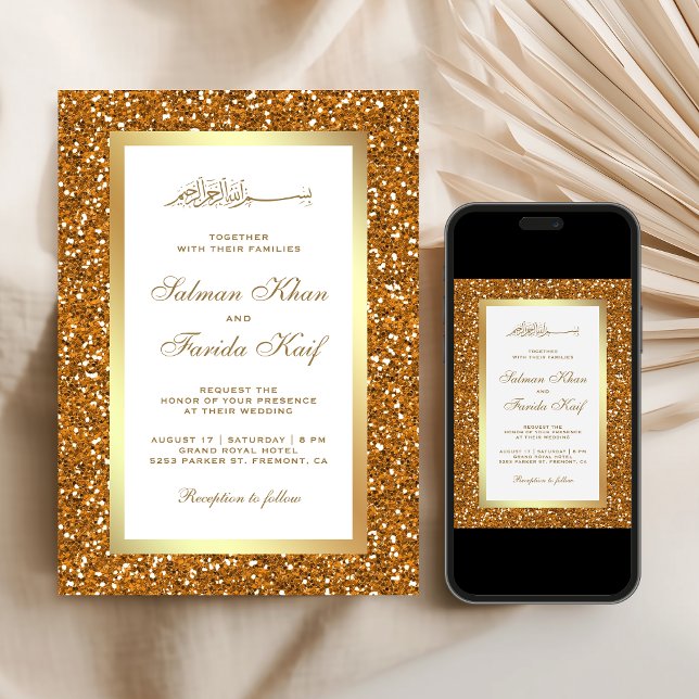Invitación Purpurina de oro falso Boda musulmán blanco islámi (Subido por el creador)