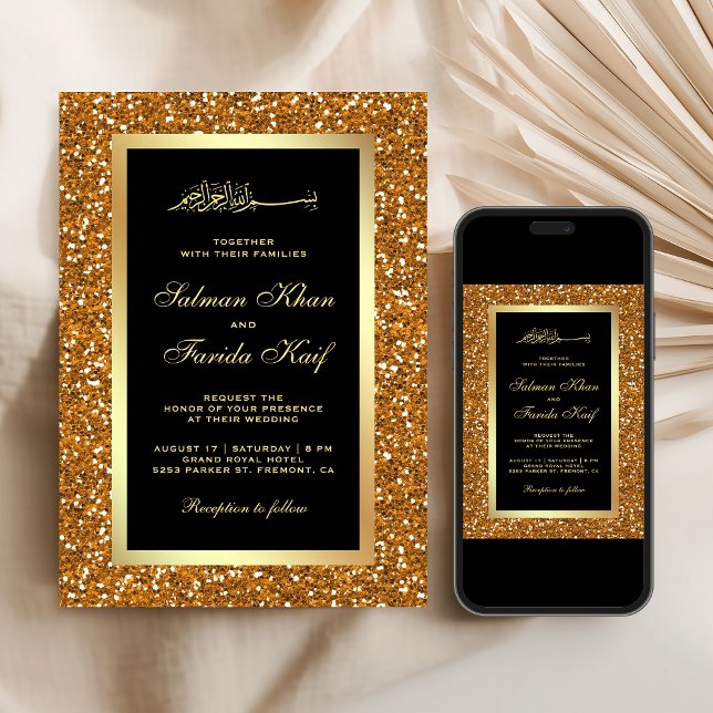 Invitación Purpurina de oro falso Boda musulmán negro islámic (Subido por el creador)