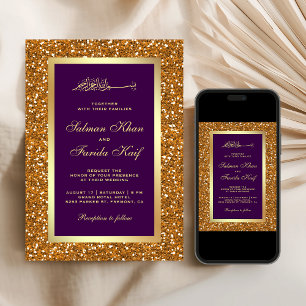 Invitación Purpurina de oro falso Boda musulmán púrpura islám
