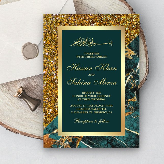 Invitación Purpurina de oro falso Boda musulmán Verde azulado (Subido por el creador)