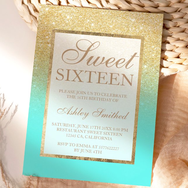 Invitación Purpurina de oro falso elegante aqua verde azulado (Subido por el creador)