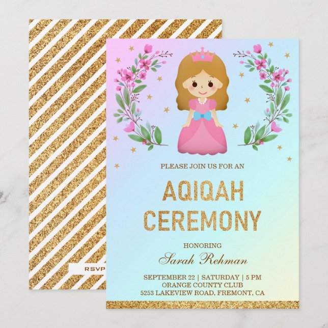 Invitación Purpurina de oro falso lindo princesa rosa Aqiqah (Anverso / Reverso)
