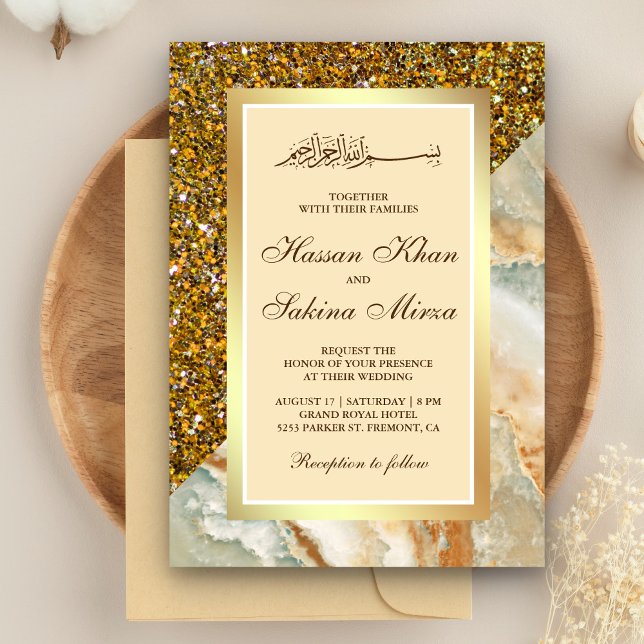 Invitación Purpurina de oro falso Marble Boda musulmana (Subido por el creador)
