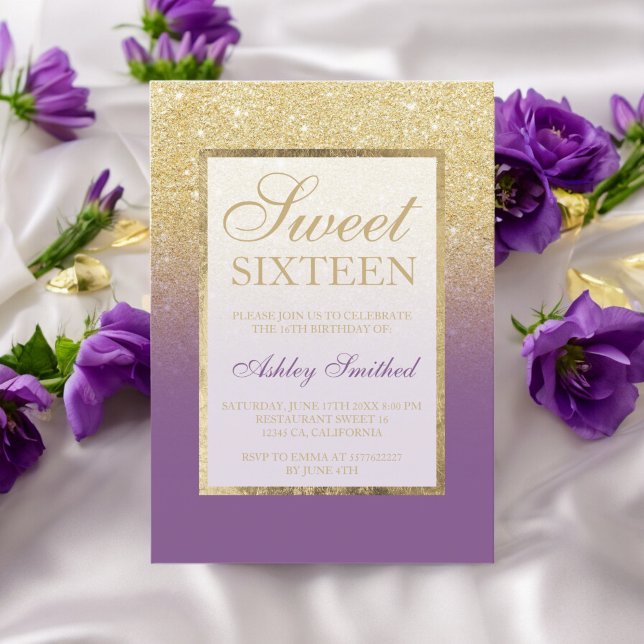 Invitación Purpurina de oro falso moda púrpura oscura Dulce d (Faux gold glitter ombre purple chic Sweet sixteen Invitation)