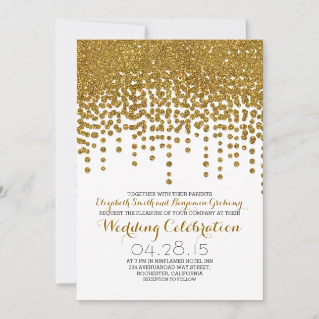 Invitación purpurina de oro falso Relieve metalizado confetti (Anverso)