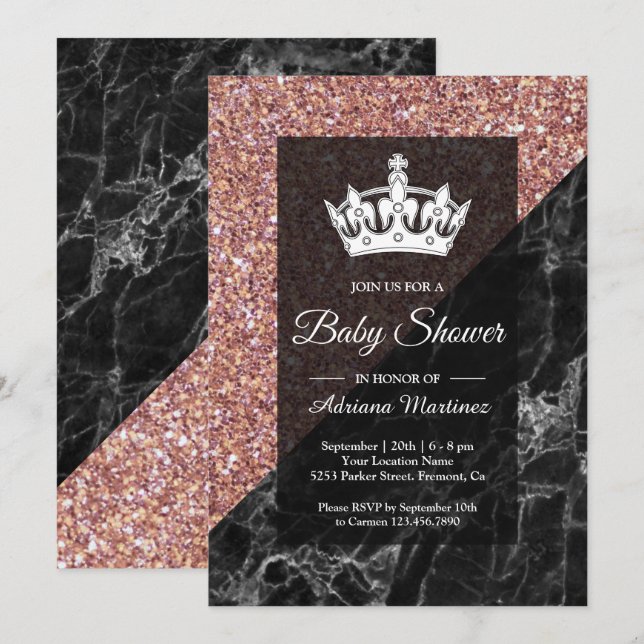 Invitación Purpurina de oro falso Rosa Baby Shower de mármol  (Anverso / Reverso)