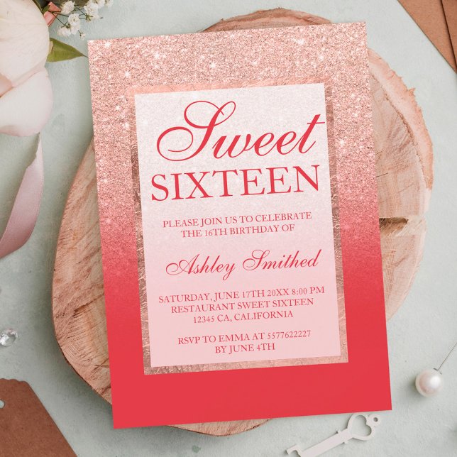 Invitación Purpurina de oro falso rosa moda roja Sweet 16 (Subido por el creador)