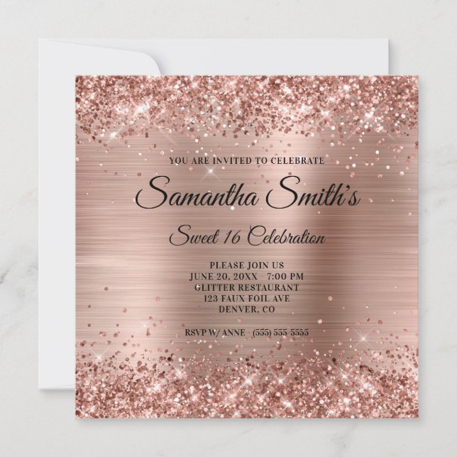Invitación Purpurina de oro falso Rosa y Relieve metalizado d (Anverso)