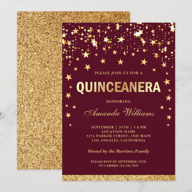 Invitación Purpurina de oro falso Stars Confetti Quinceanera (Anverso / Reverso)