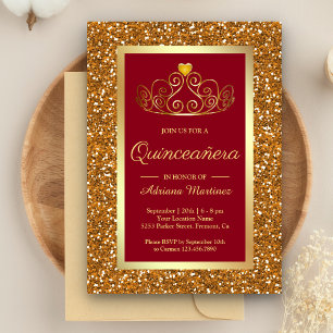 Invitación Purpurina de oro falso Tiara Princesa Roja Quincea