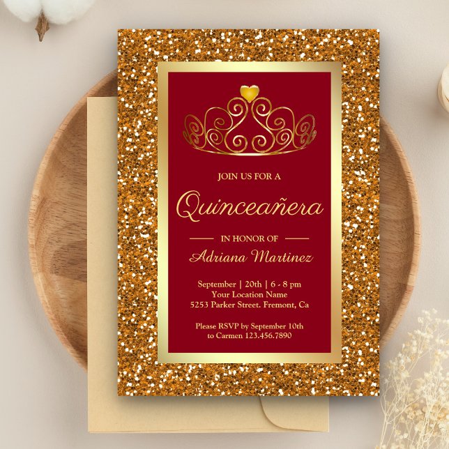 Invitación Purpurina de oro falso Tiara Princesa Roja Quincea (Subido por el creador)