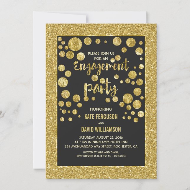 Invitación purpurina de oro falso y fiesta de compromiso de c (Anverso)