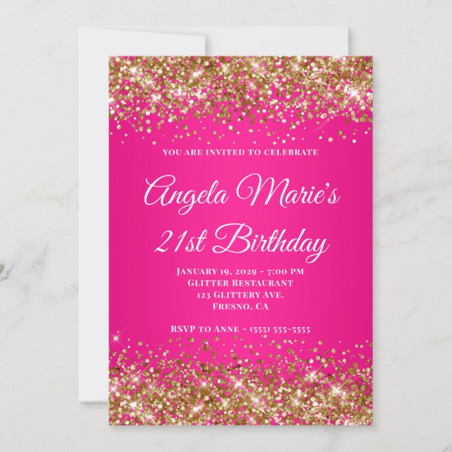 Invitación Purpurina de oro Fancy Hot Pink Monograma 21º cump (Anverso)