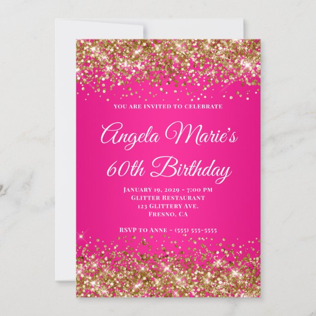 Invitación Purpurina de oro Fancy Hot Pink Monograma 60 cumpl (Anverso)