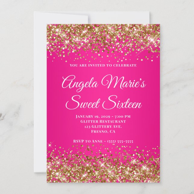 Invitación Purpurina de oro Fantasía rosa caliente Monograma  (Anverso)