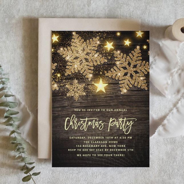 Invitación Purpurina de oro Faux Wood Snowflakes Navidades Fi (Subido por el creador)