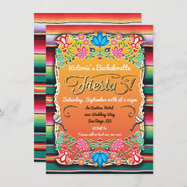 Invitación Purpurina de Oro Fiesta Bachelorette Party de Méxi (Anverso / Reverso)