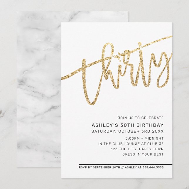 Invitación PURPURINA de oro fiesta de 30 años de MODERN SCRIP (Anverso / Reverso)