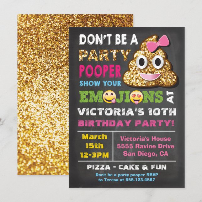 Invitación Purpurina de oro Fiesta de Emoji Pooper Chica Birt (Anverso / Reverso)