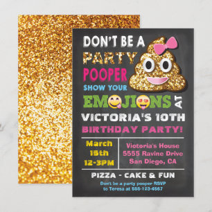 Invitación Purpurina de oro Fiesta de Emoji Pooper Chica Birt