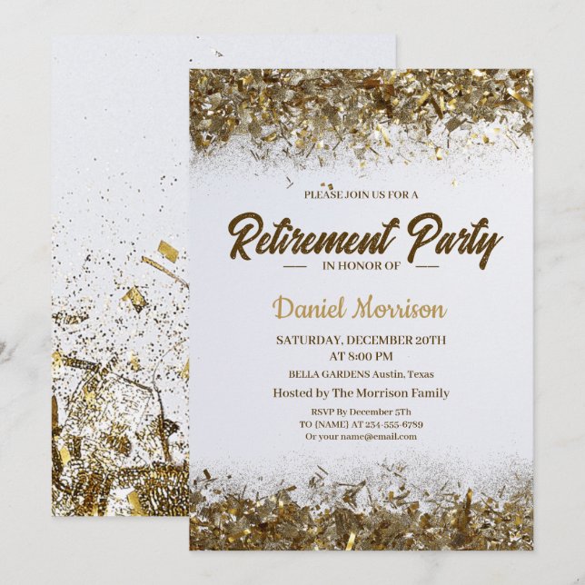 Invitación Purpurina de oro Fiesta de Jubilación Confetti 202 (Anverso / Reverso)