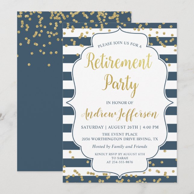 Invitación Purpurina de oro Fiesta de Jubilación de Sorpresa  (Anverso / Reverso)